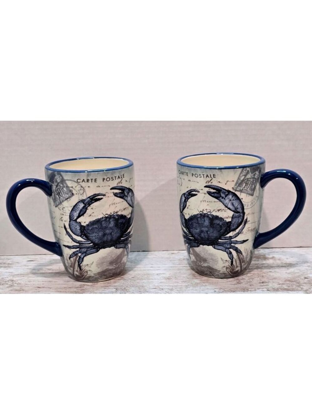 Set of Certified International "Coastal Postcards" Blue Crab Ceramic Mugs